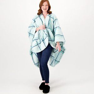 Berkshire Blanket Double-Sided Plaid Sherpa Cape Wrap-Seafoam